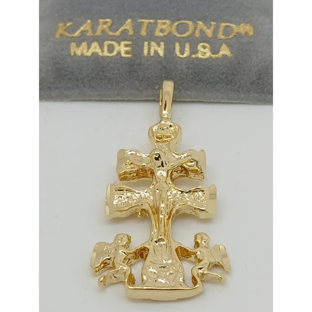 Vintage Karatbond Gold Crucifix Necklace Pendant Angel Double Cross Made USA Y2K